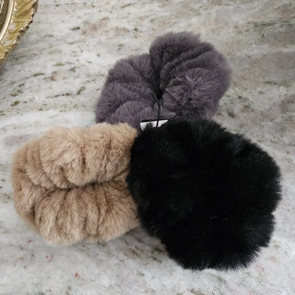 RARE 3 JOCELYN FAUX FUR BLACK GRAY BEIGE SCRUNCHIE HAIR TIE WRAP BAND ACCESSORY